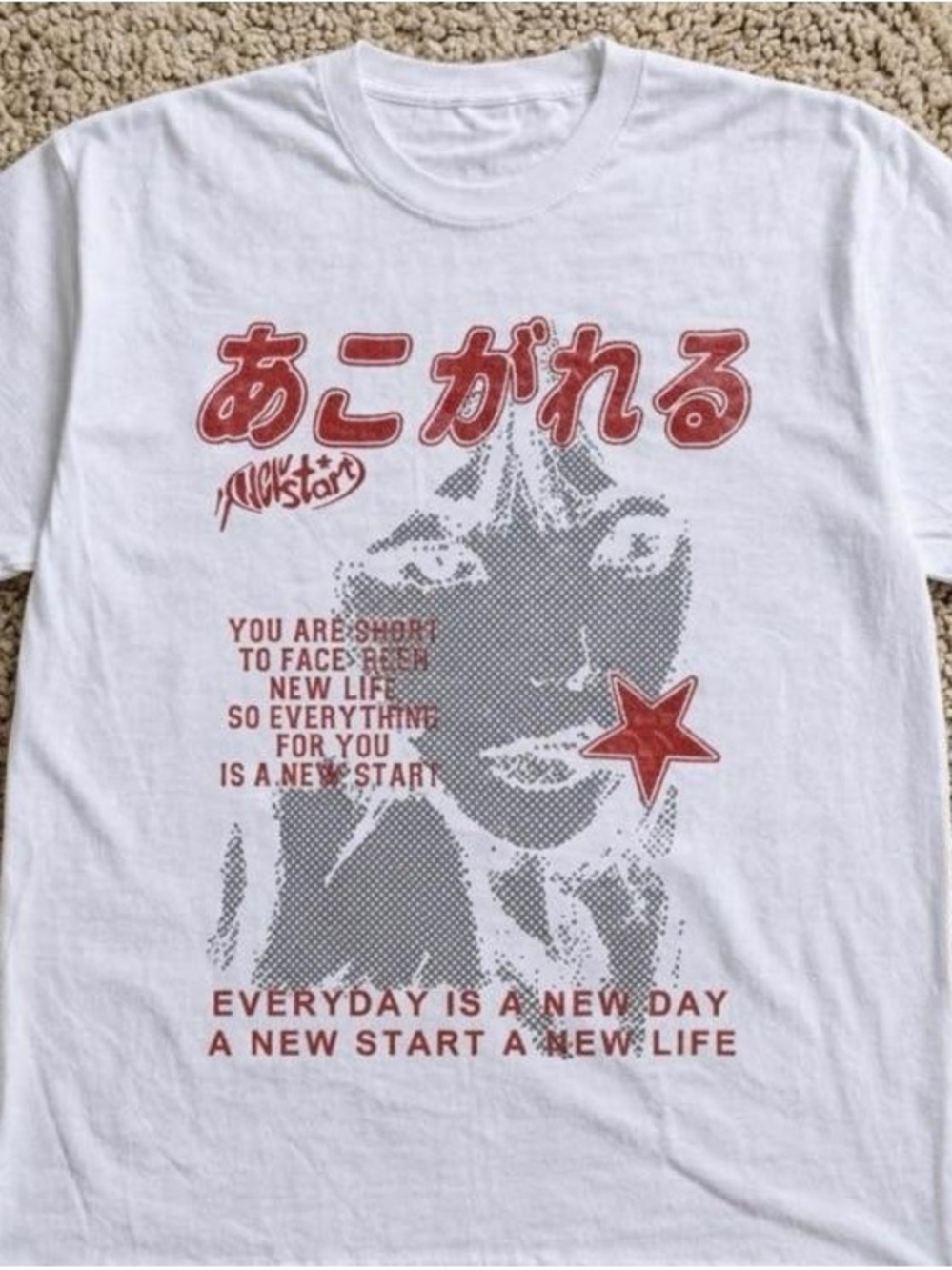 Japanese New Start White Graphic Tee Vintage Style